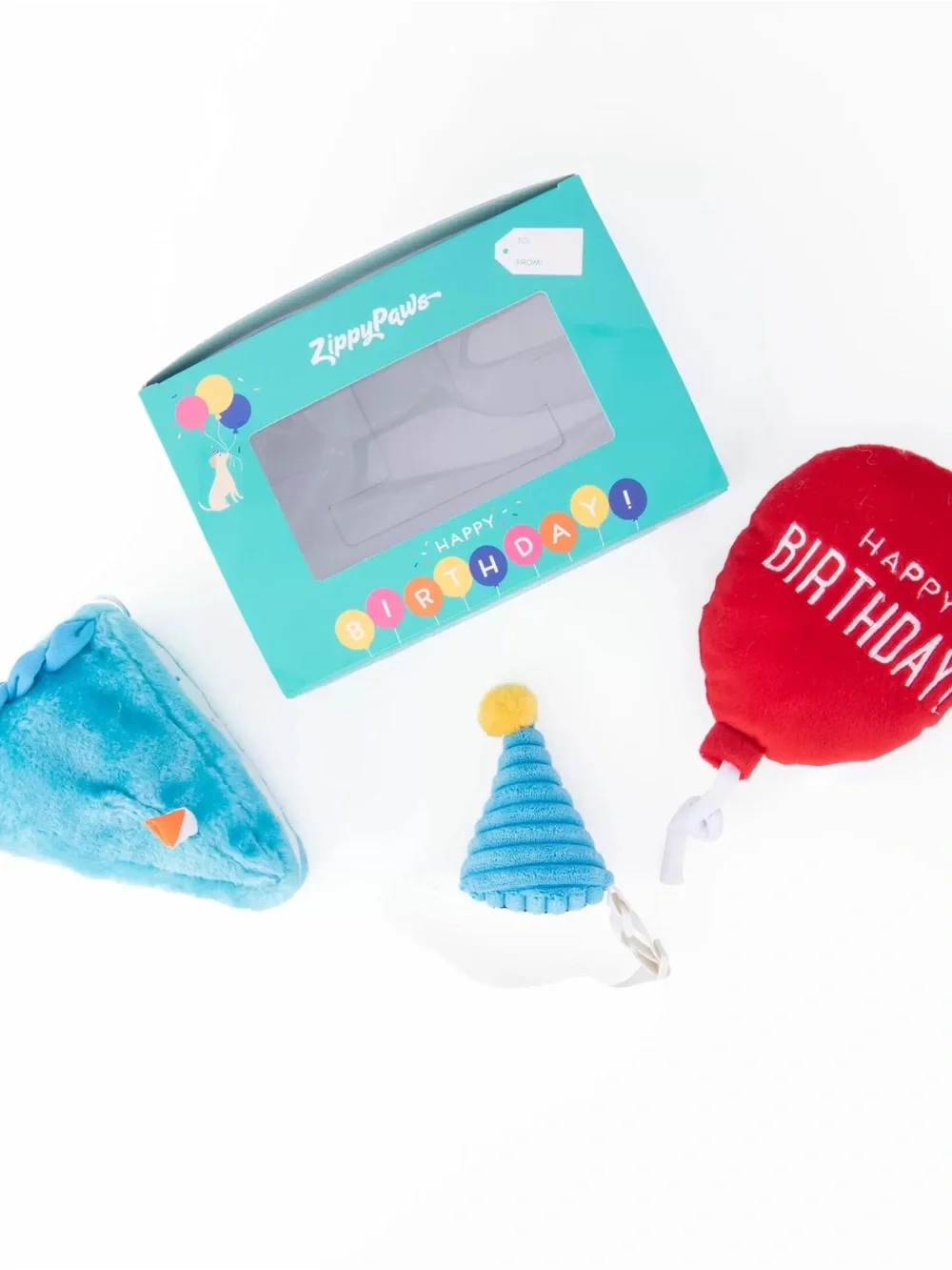 ZippyPaws Blue Birthday Pet Toy Set - Cake, Party Hat & Red Balloon